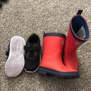 Kids Red Rain Boots and Black Sneakers
